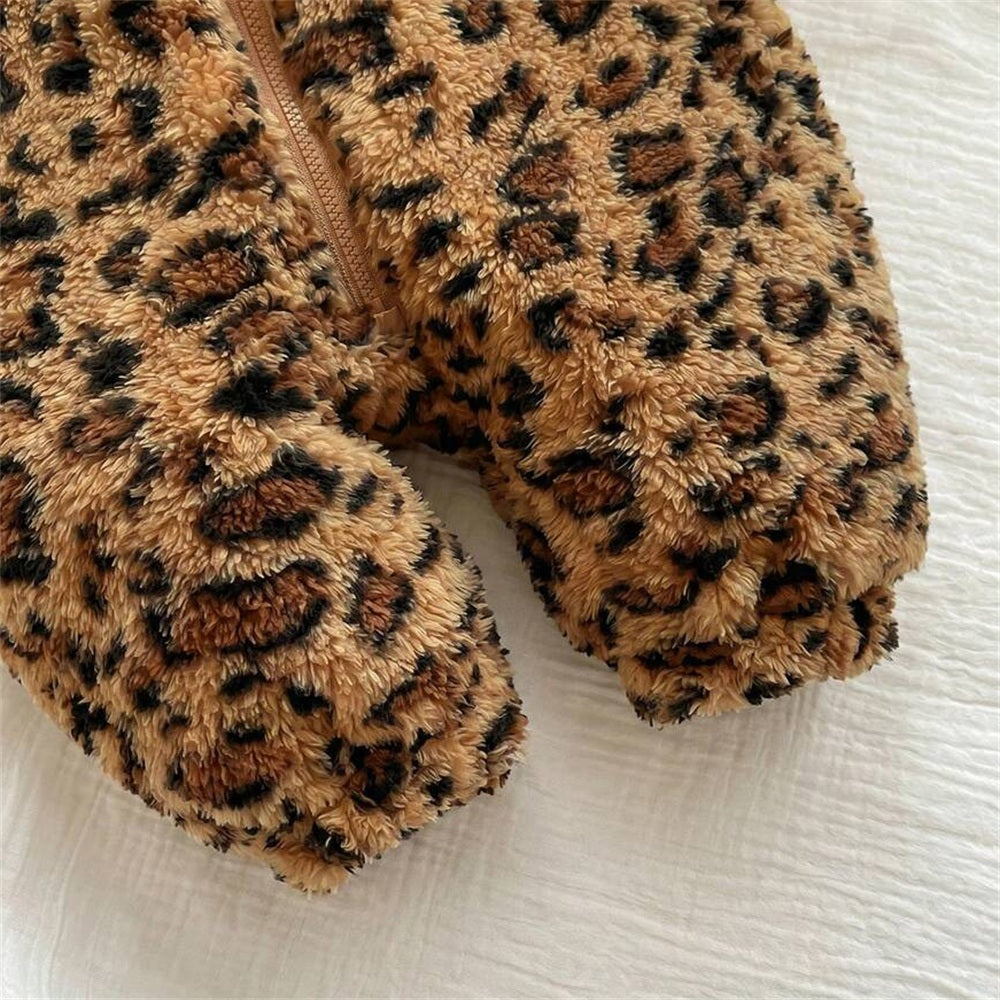 Fuzzy Leopard Printed Zipper Long Sleeve Baby Jumpsuit