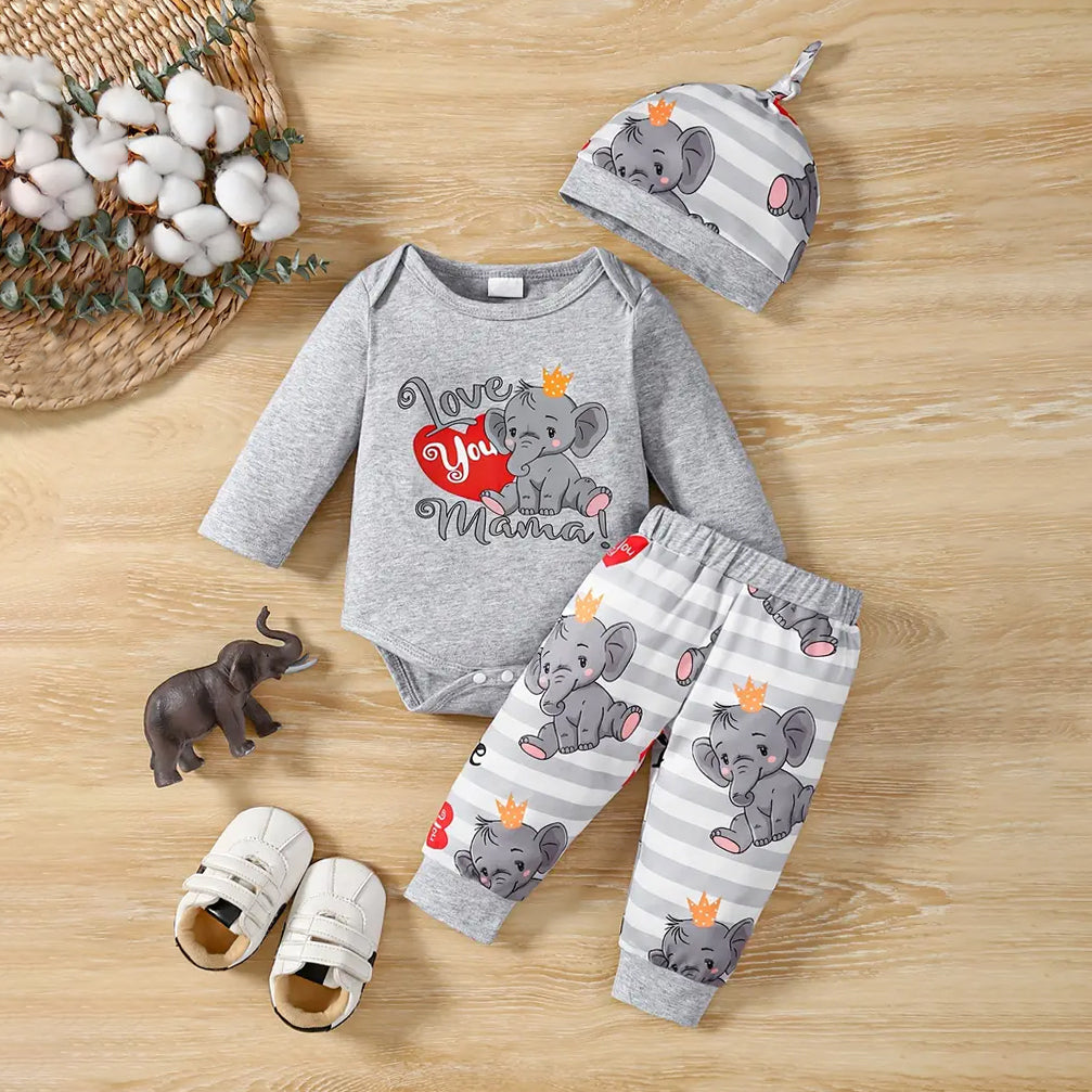 3PCS LOVE YOU MAMA Letter Elephant Printed Long Sleeve Baby Set