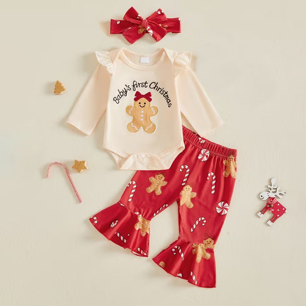 3PCS Baby's First Christmas Letter Gingerbread Man Print Long Sleeve Baby Set