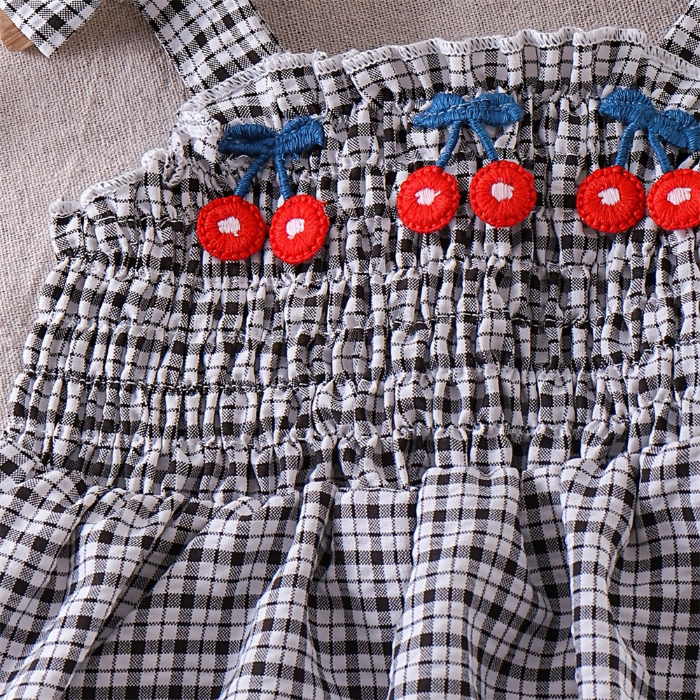 2PCS Sweet Cherry Embroidery Plaid Print Denim Baby Set