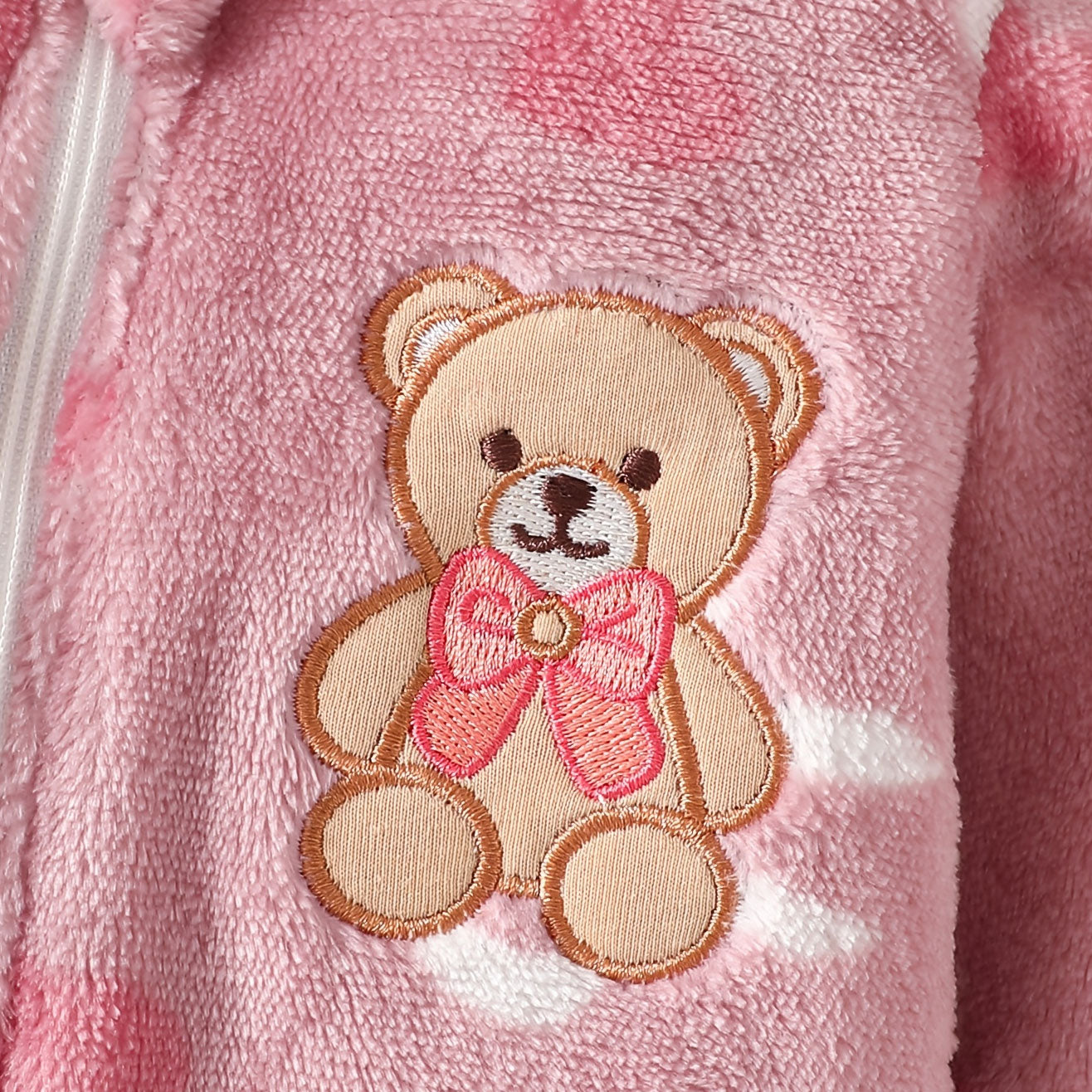 Grace Bow Printed Bear Embroidered Fuzzy Hoodie Long Sleeve Baby Jumpsuit