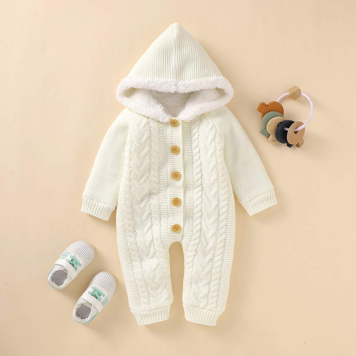 Cozy Solid Color Knitted Plush Hooded Baby Jumpsuit