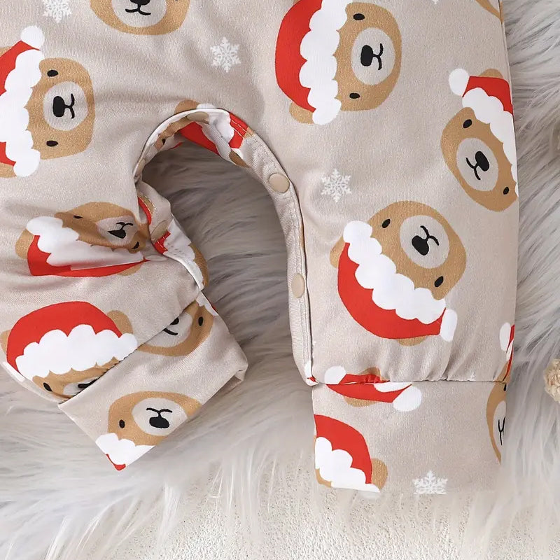 2PCS Bear Santa Hat Printed Long Sleeve Baby Set