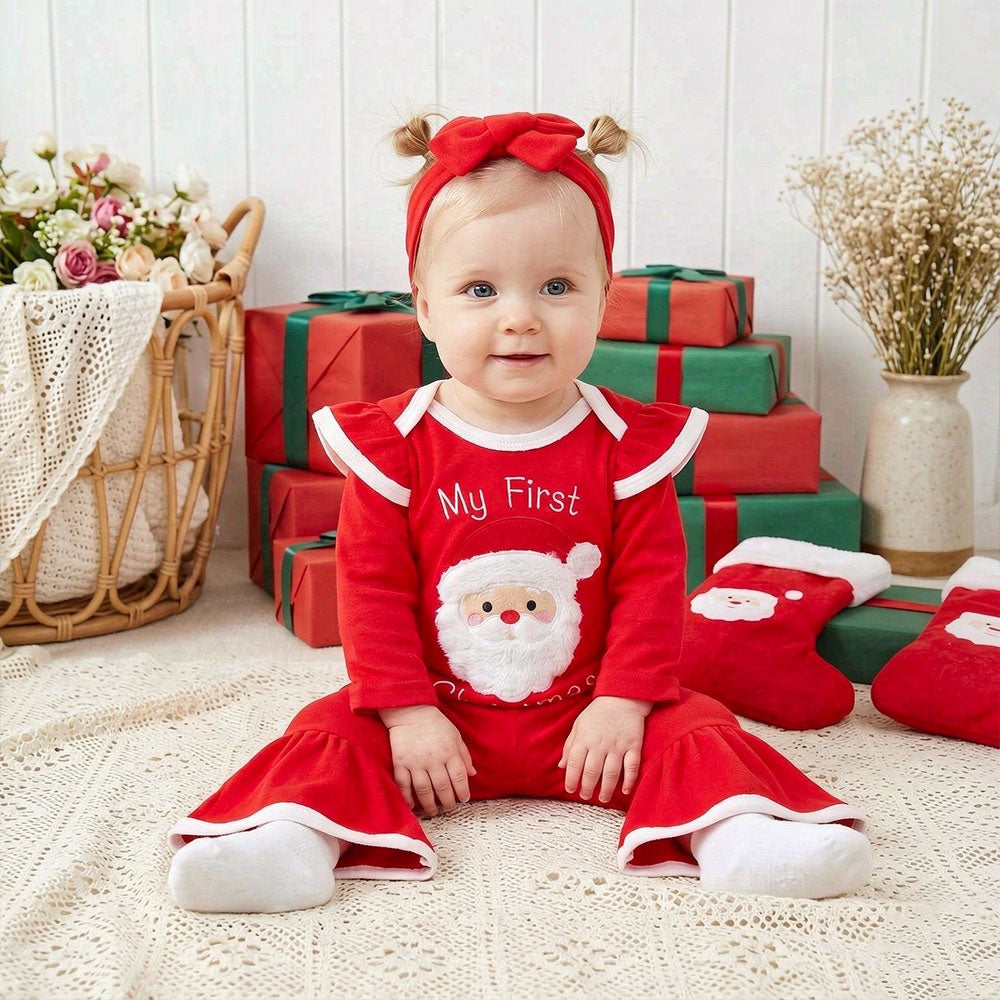 3PCS My First Christmas Letter Print Santa Claus Appliqué Baby Girl Set