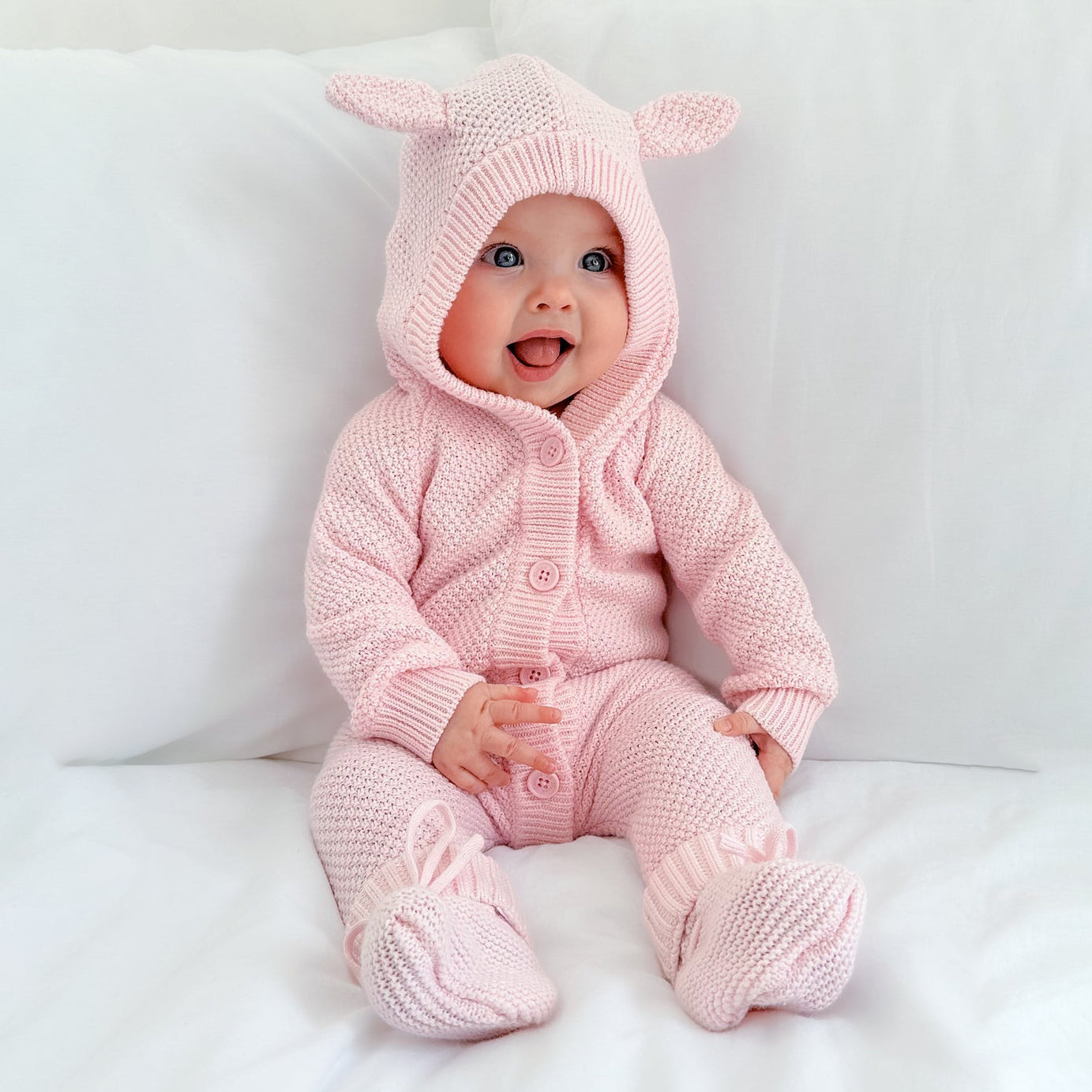 Cute Solid Color Knit 3D Ear Hooded Baby Jumpsuit