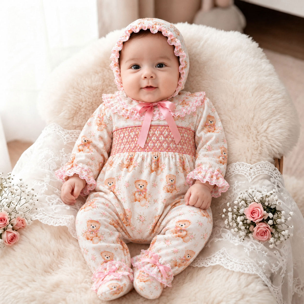 2PCS Lovely Teddy Bear and Floral Print Long Sleeve Baby Girl Jumpsuit
