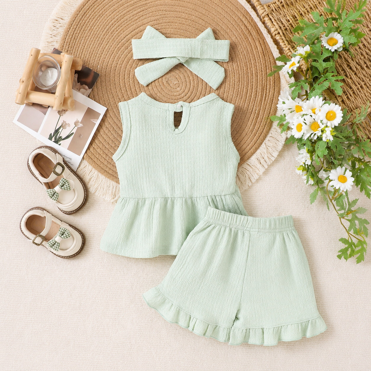3PCS Chic Solid Color Bow Sleeveless Baby Set