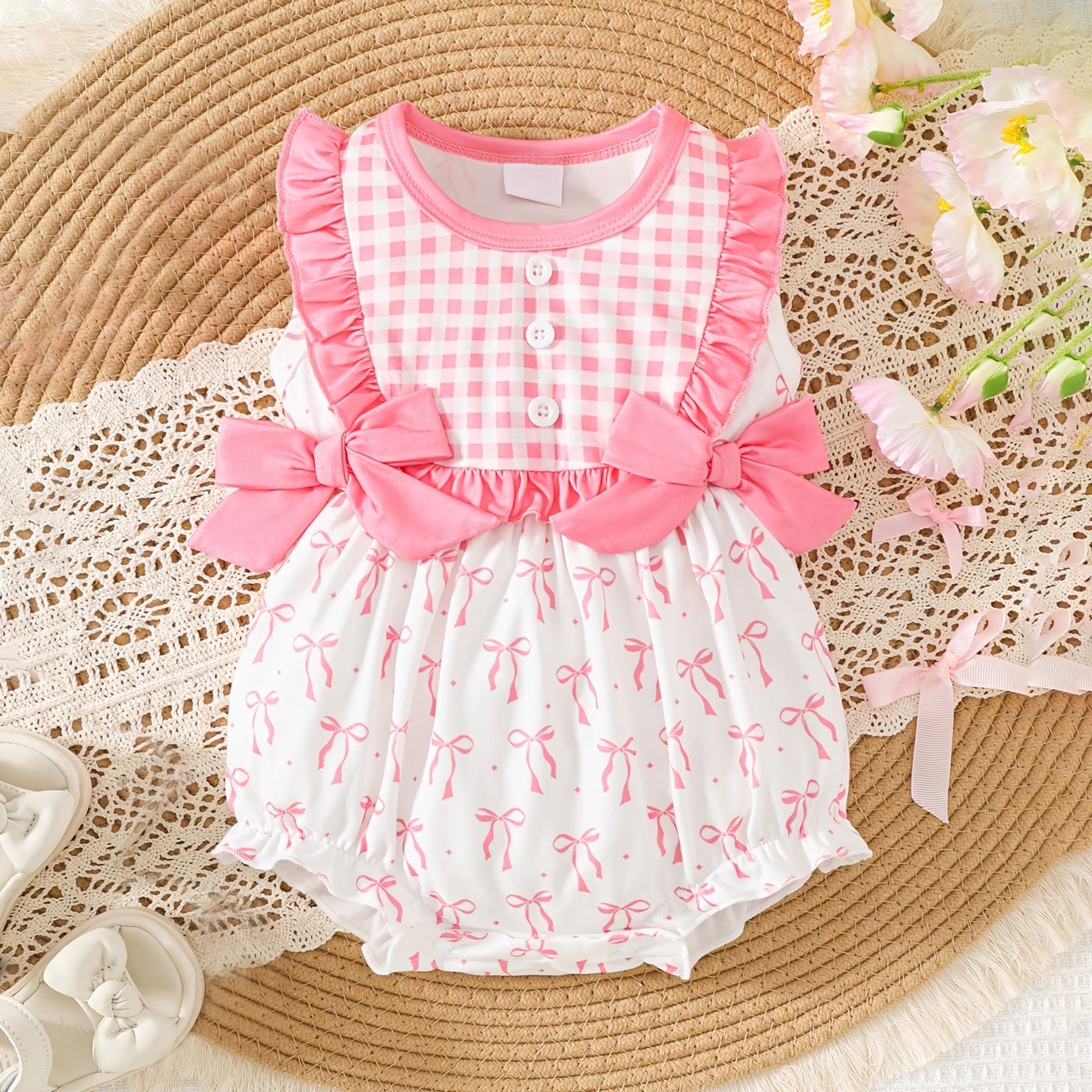 Sweet Bow and Plaid Print Sleeveless Baby Romper