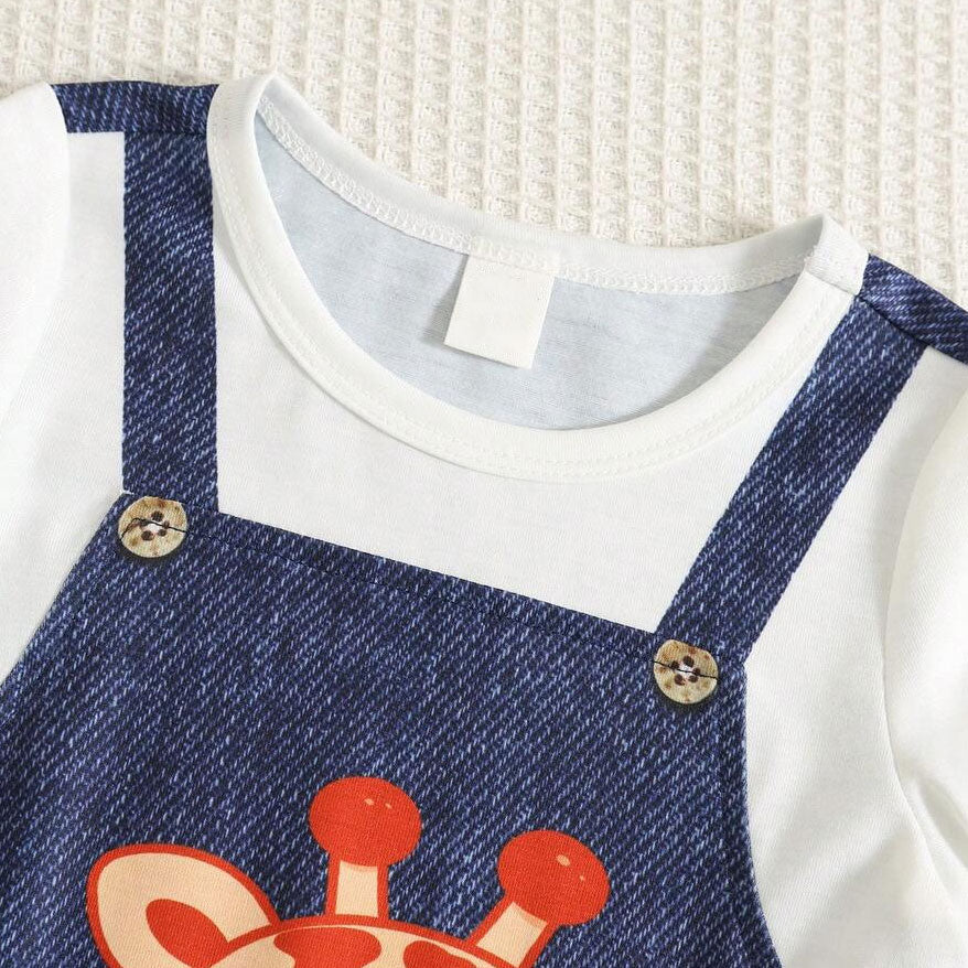 Sweet Faux Layer Giraffe Print Long Sleeve Baby Girl Jumpsuit