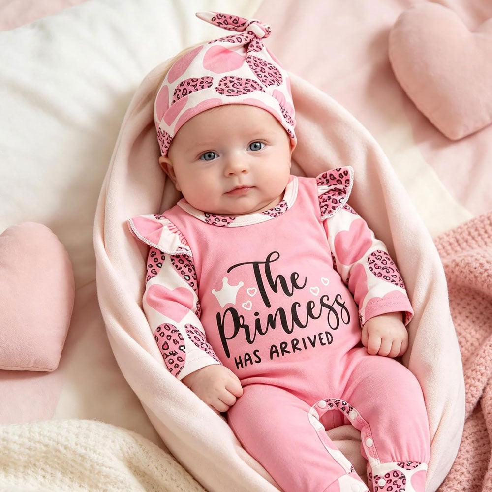 3PCS The Princess Has Arrived Letter Heart Leopard Printed Baby Jumpsuit