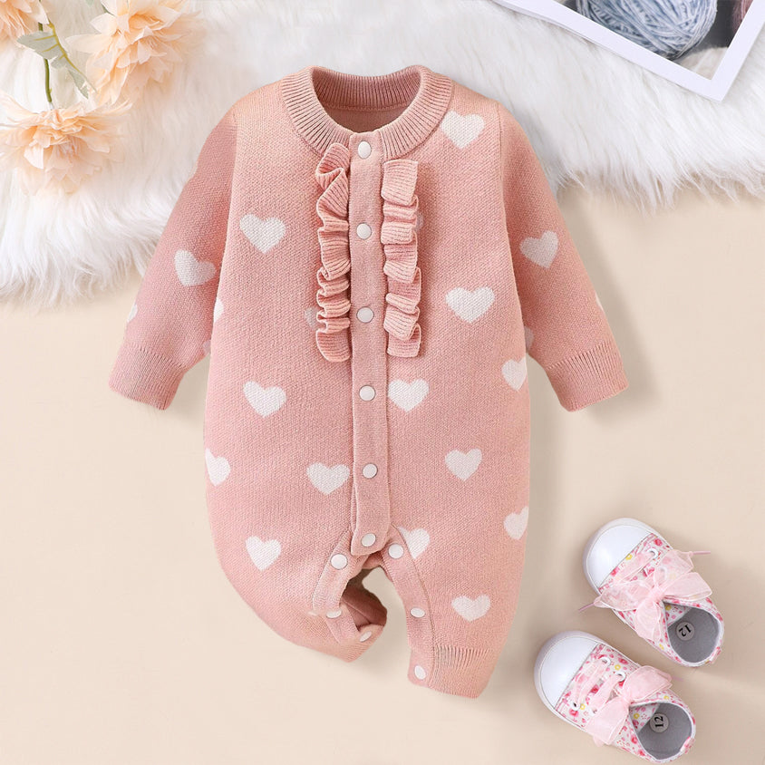 Fashionable Simple Heart Printed Knit Long Sleeve Baby Jumpsuit