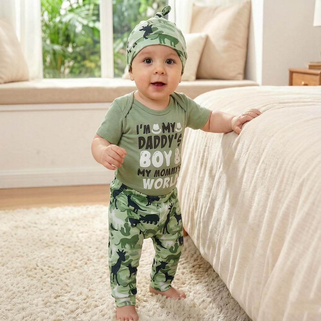 3PCS Daddy's Boy Mommy's World Letter Animal Print Baby Boy Set
