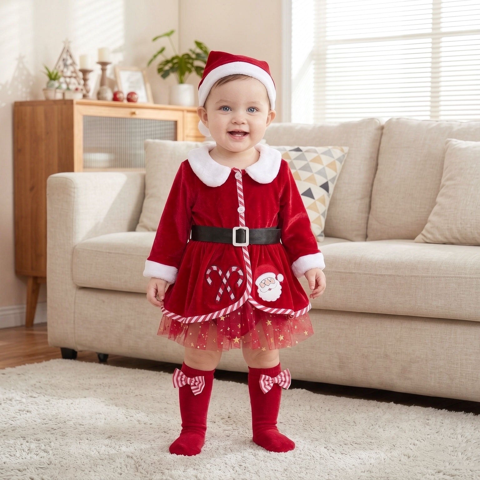 3PCS Christmas Santa Claus Printed Tulle Long Sleeve Baby Romper