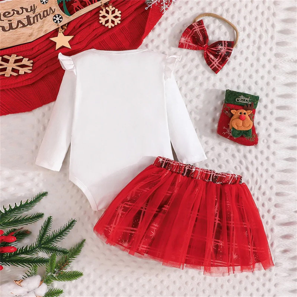 3PCS Bow Print Long Sleeve Plaid Tulle Skirt Baby Set