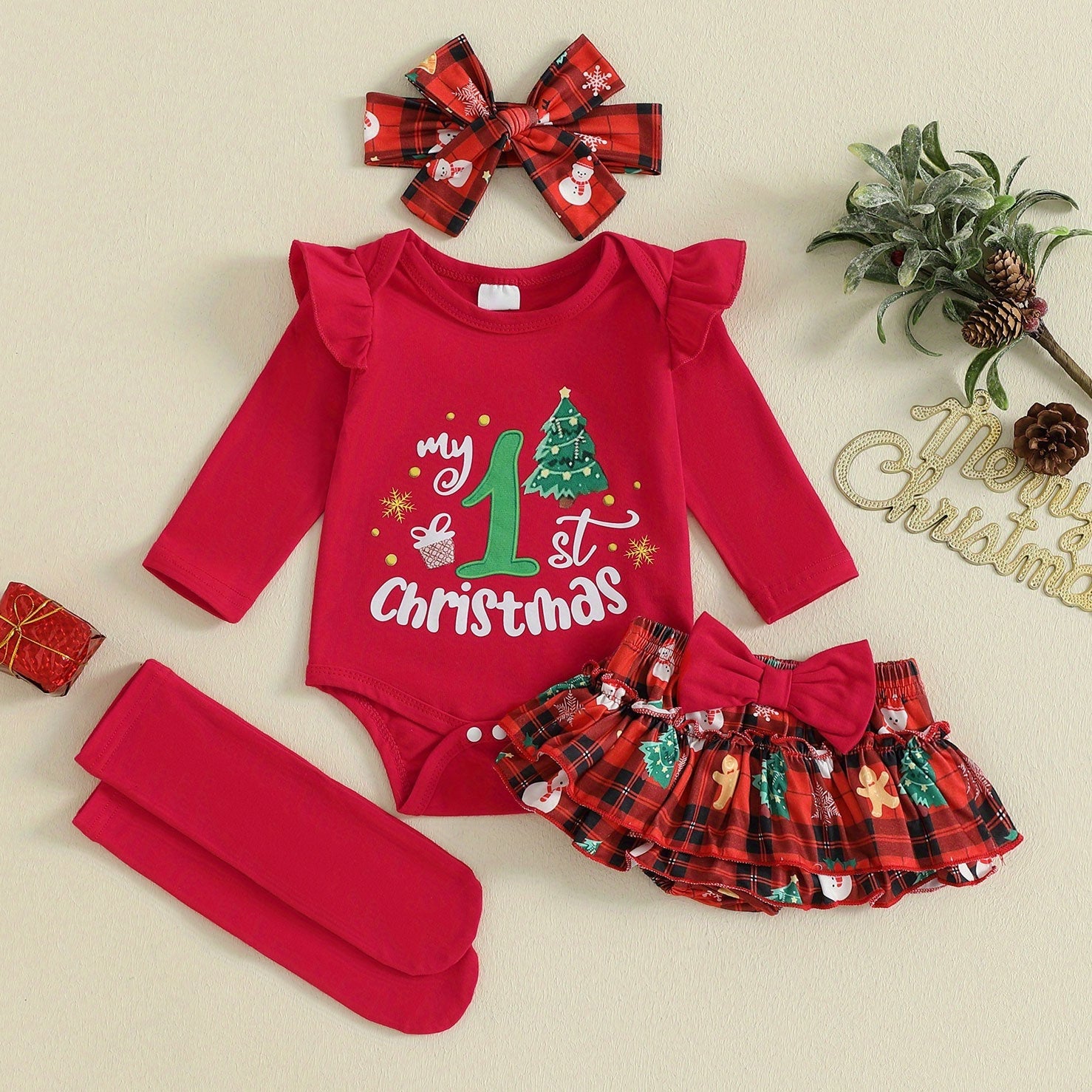 4PCS My 1st Christmas Letter Plaid Printed Long Sleeve Baby Set