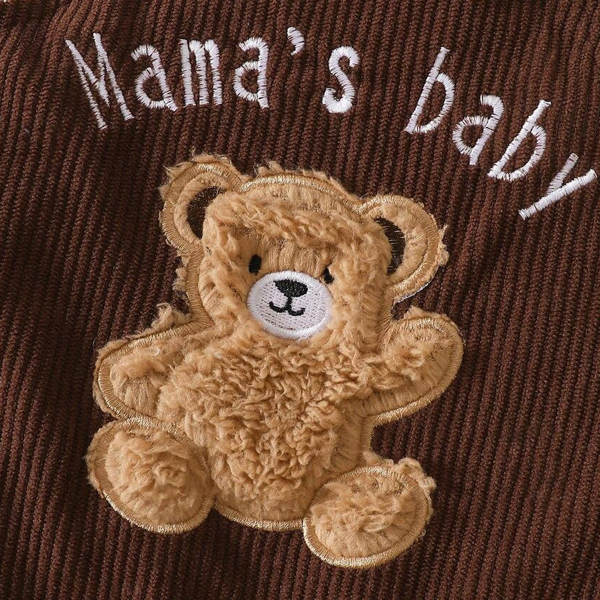 2PCS Mama's Boy Letter Bear Stripe Print Long Sleeve Baby Overalls Set