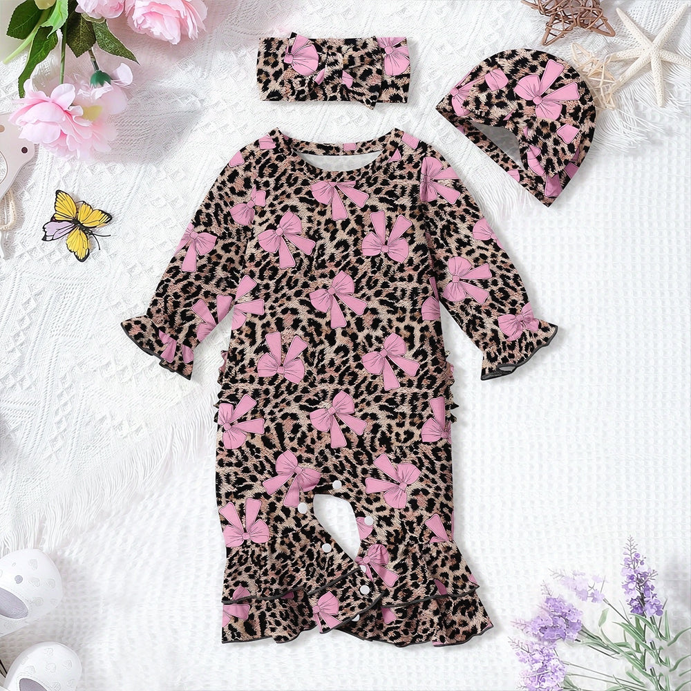 3PCS Chic Bow Leopard Print Long Sleeve Baby Girl Jumpsuit