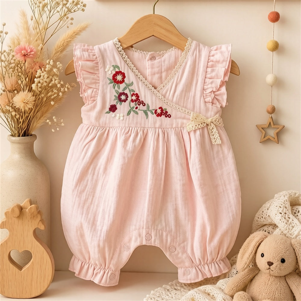 Cheerful Floral Embroidery Flutter Sleeve Baby Jumpsuit