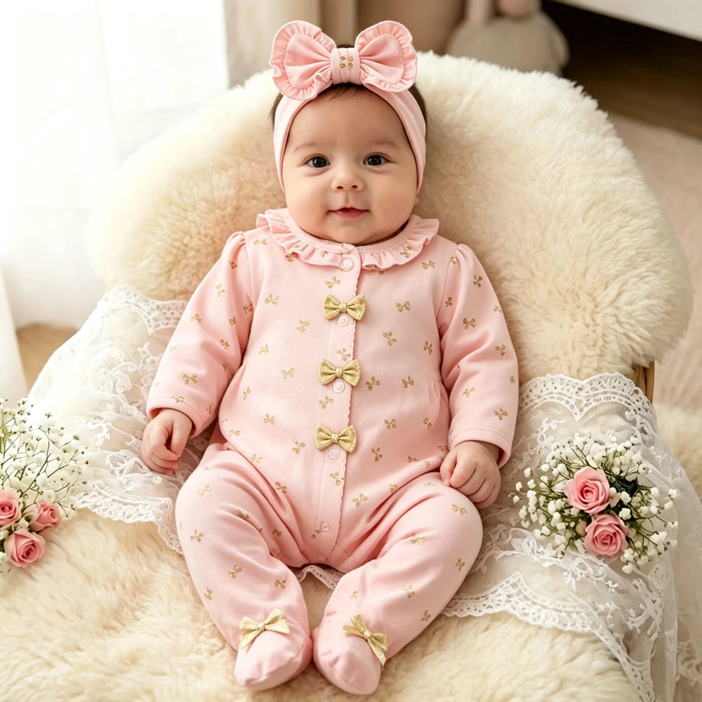 2PCS Baby Girl Ditsy Floral Print Bow Long Sleeve Jumpsuit