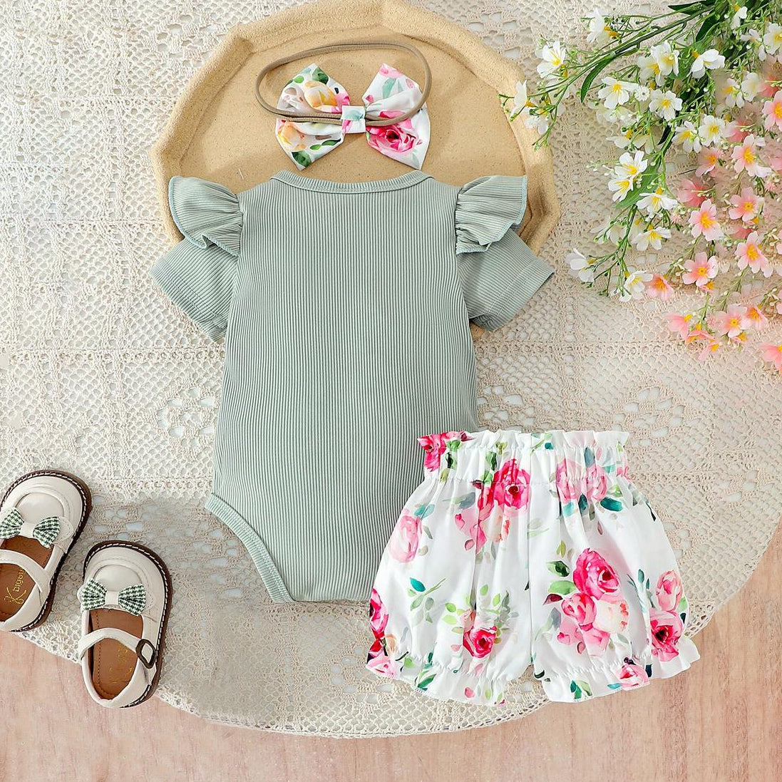 3PCS Trendy Floral Printed Short Sleeve Baby Set