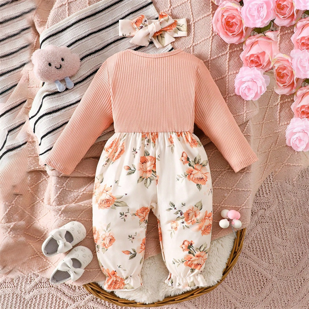 2PCS Fashionable Floral Print Long Sleeve Baby Jumpsuit