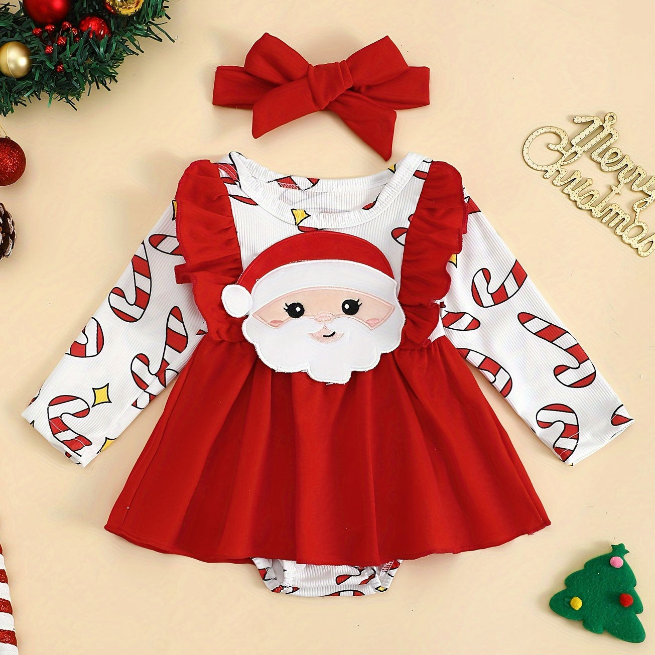 2PCS Christmas Santa Claus Embroidery Candy Cane Printed Baby Romper