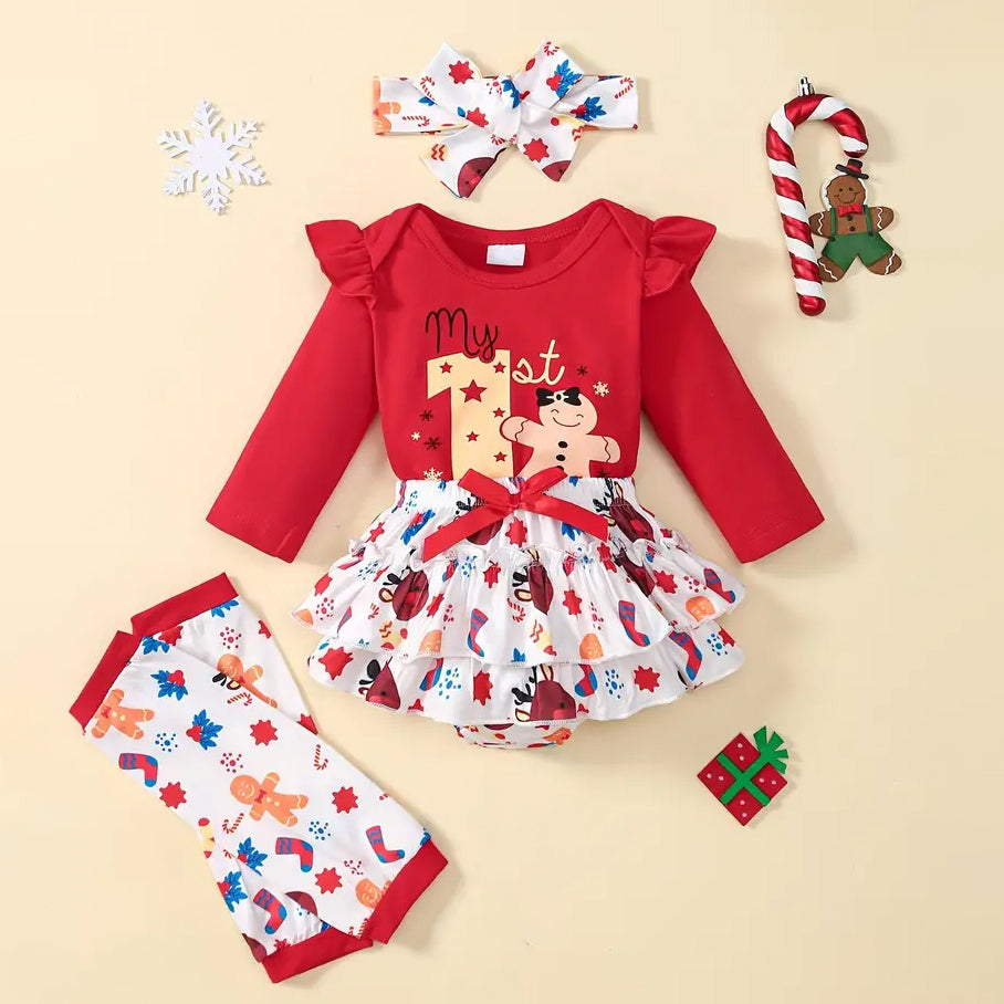 4PCS My 1st Christmas Letter Gingerbread Printed Long Sleeve Baby Set