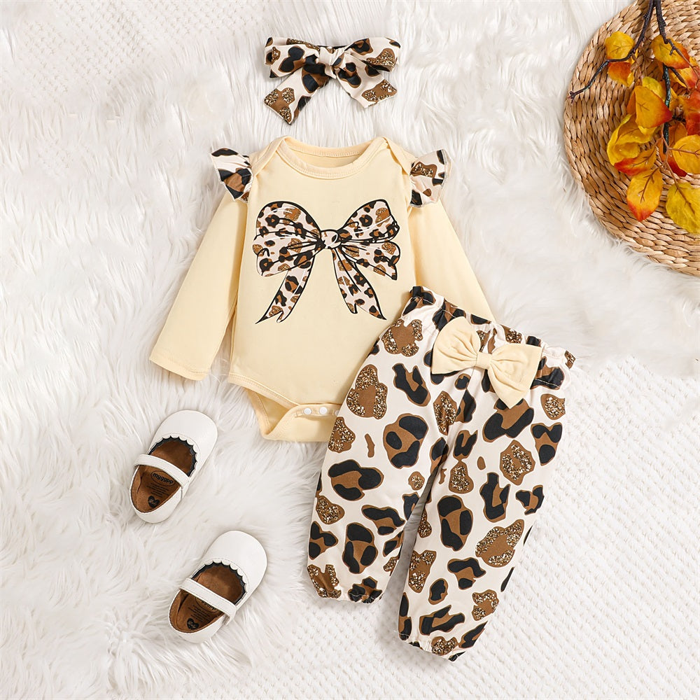 3PCS Bow Leopard Print Long Sleeve Baby Set
