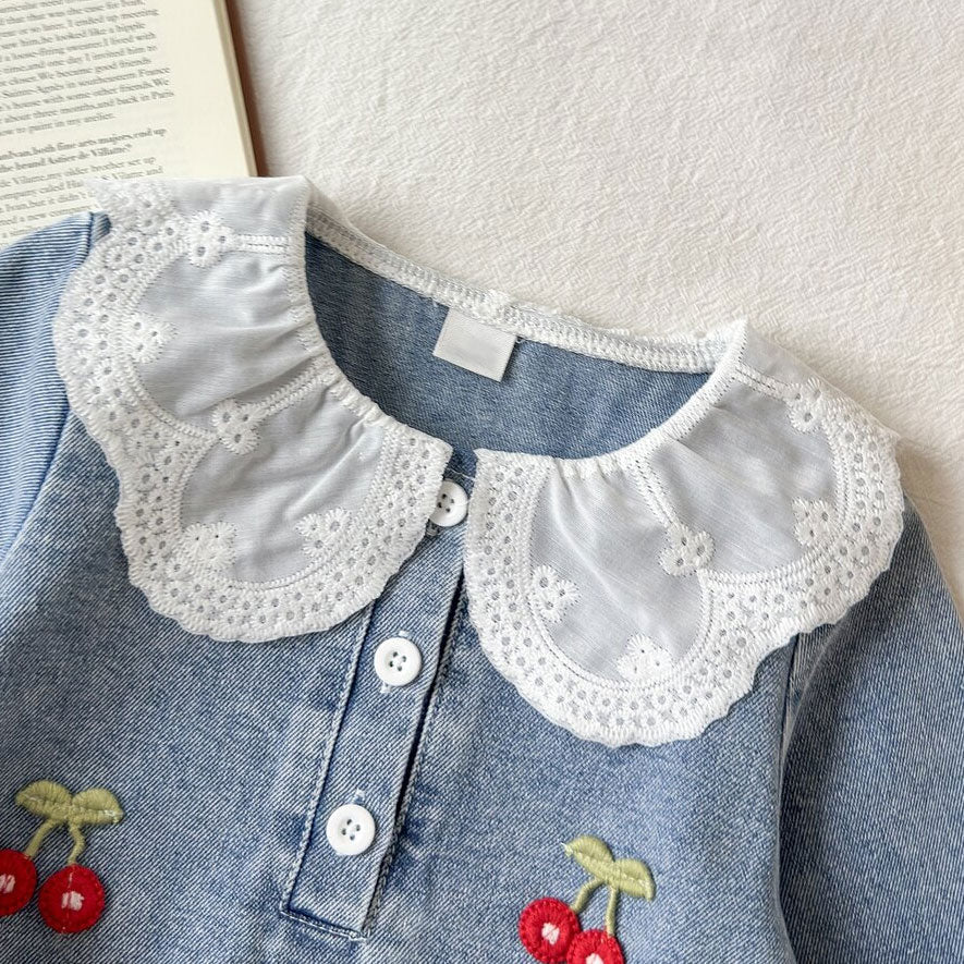 Cherry Embroidered Long Sleeve Ruffled Denim Baby Romper