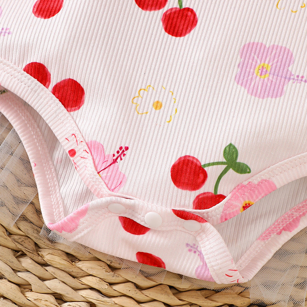 2PCS Adorable Cherry Print Tulle Short Sleeve Baby Romper