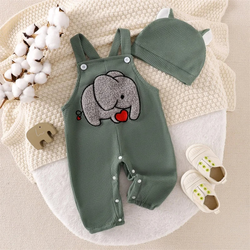 2PCS Cute Elephant Printed Waffle Overalls Baby Jumpsuit
