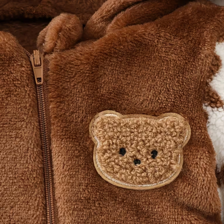 Fuzzy Bear Applique Leopard Print Zipper Baby Hoodie Jumpsuit