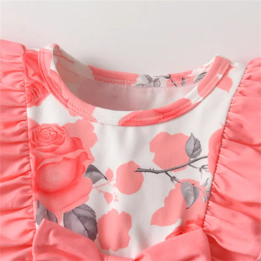 2PCS Floral Print Ruffled Long Sleeve Baby Jumpsuit