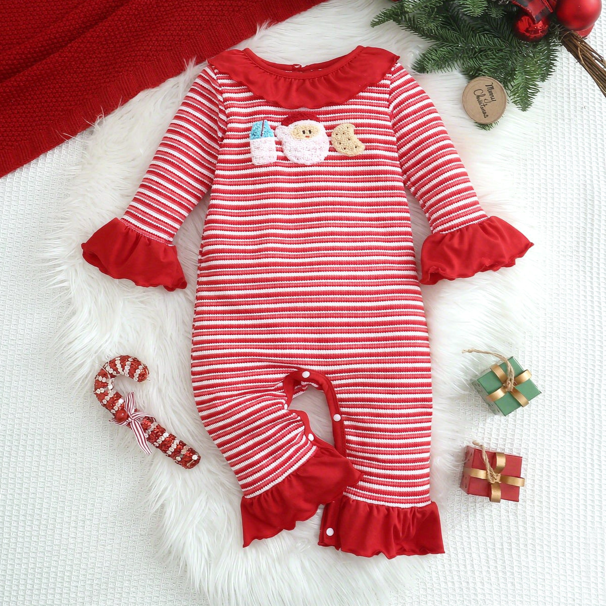 Santa Claus Applique Striped Knit Baby Girl Christmas Jumpsuit