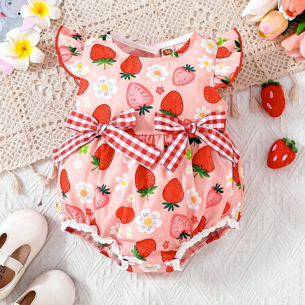 Vibrant Strawberry & Floral Print Bow Flutter Sleeve Baby Romper