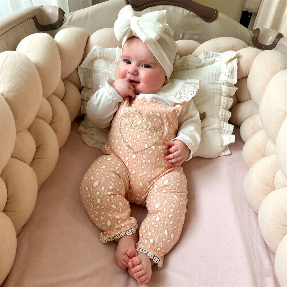 2PCS Angel Heart Embroidery Leopard Printed Baby Overalls Set
