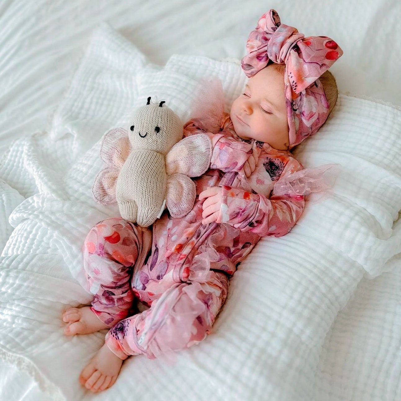 2PCS Vivid Floral Print Lace Ruffle Zipper Long Sleeve Baby Jumpsuit