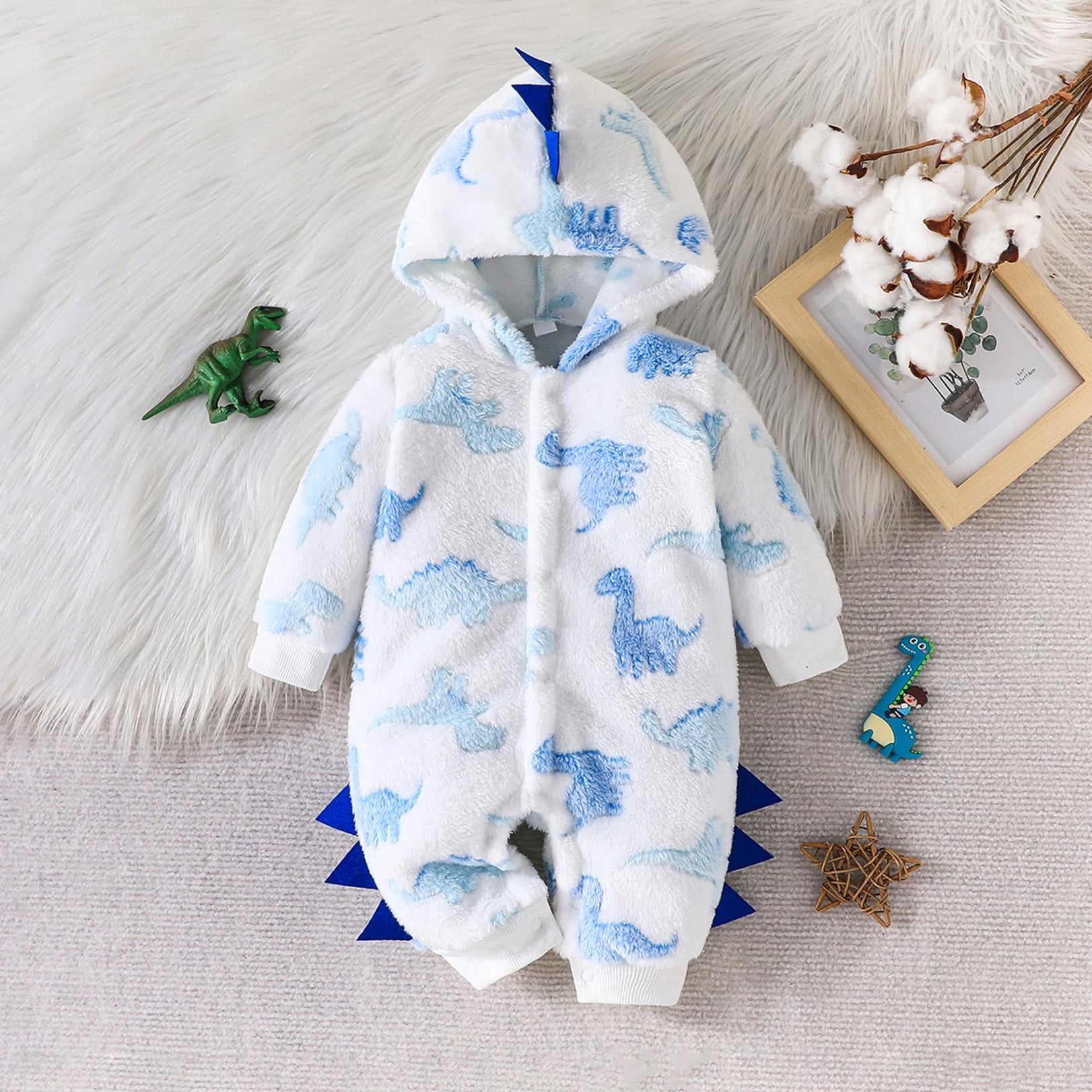 Trendy Dinosaur Pattern Plush Hooded Baby Jumpsuit