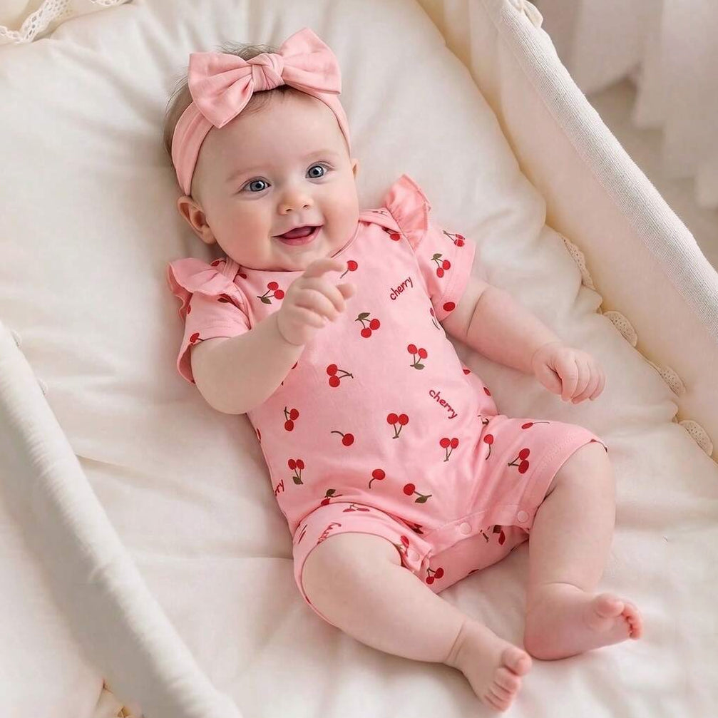 Elegant Cherry Print Short Sleeve Baby Jumpsuit