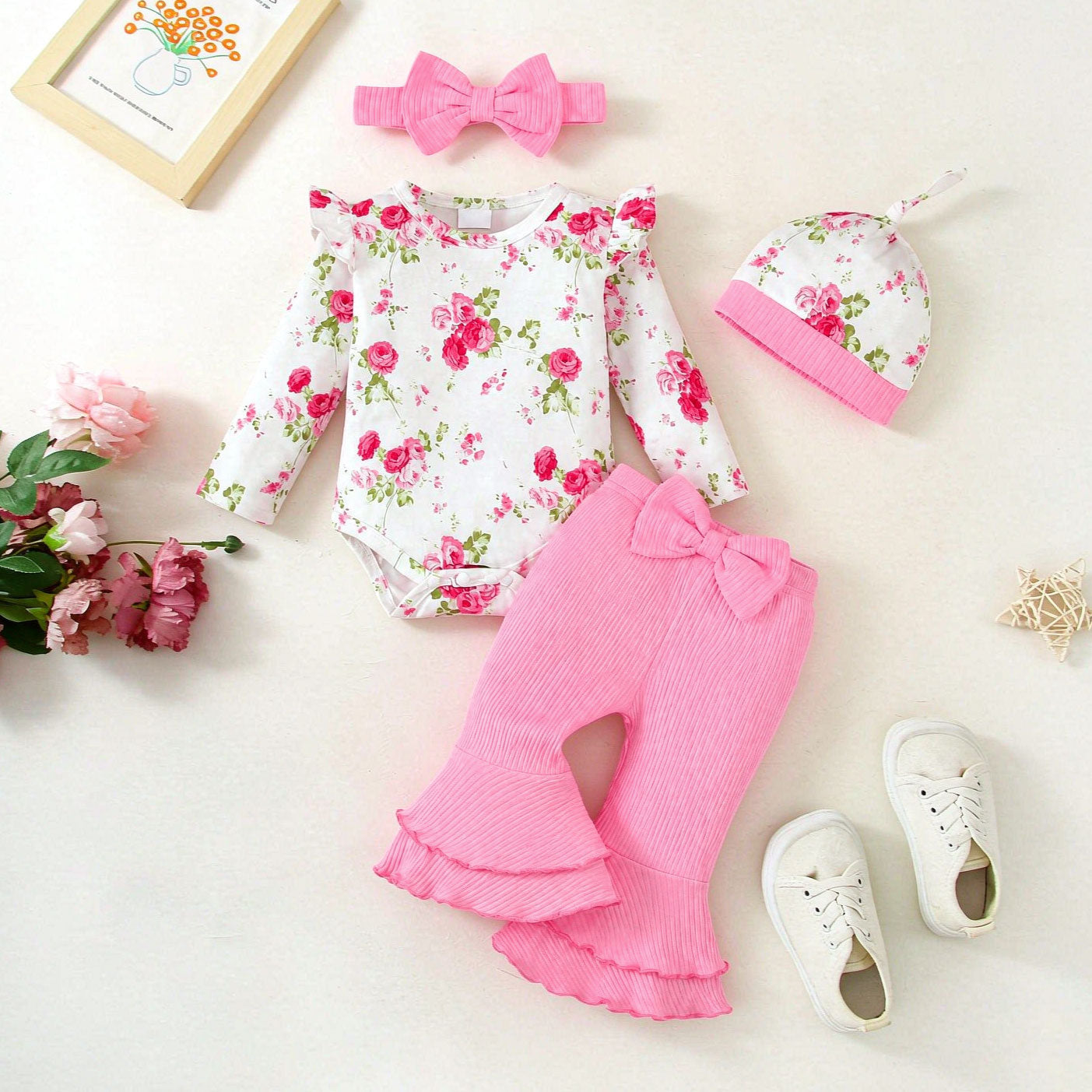 4PCS Pretty Floral Printed Bow Long Sleeve Baby Girl Set