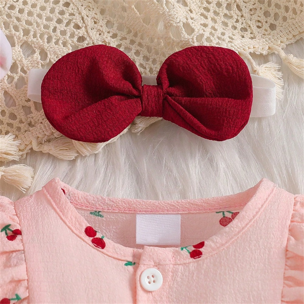 2PCS Cute Cherry Printed Bow Long Sleeve Baby Jumpsuit
