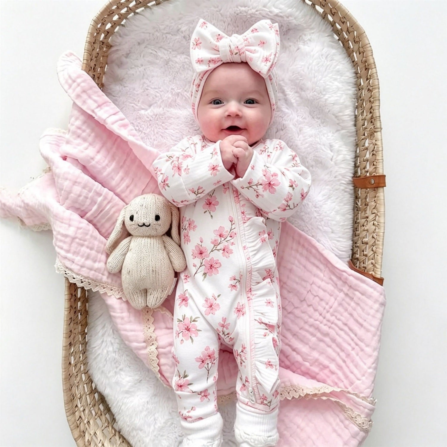 2PCS Sweet Floral Print Ruffle Zipper Long Sleeve Baby Girl Jumpsuit