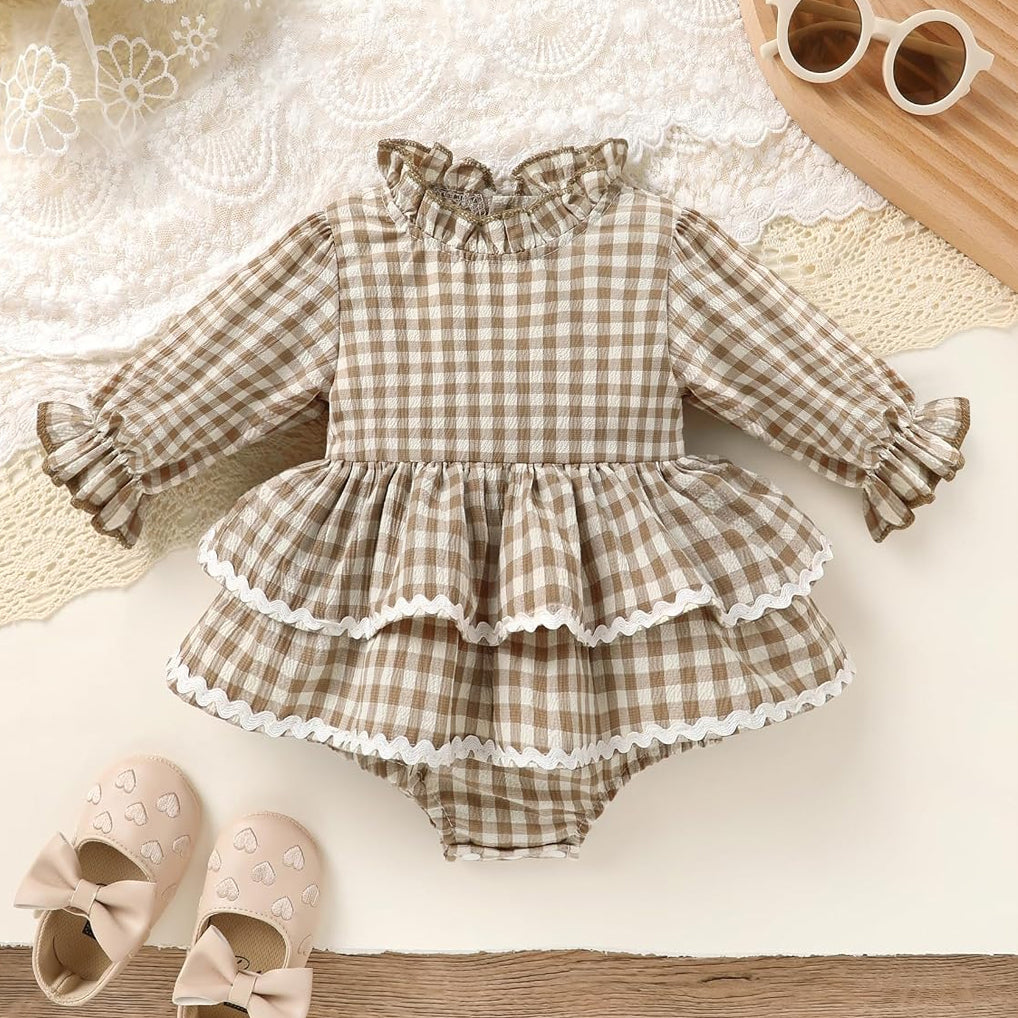 Vintage Plaid Printed Long Sleeve Baby Girl Romper