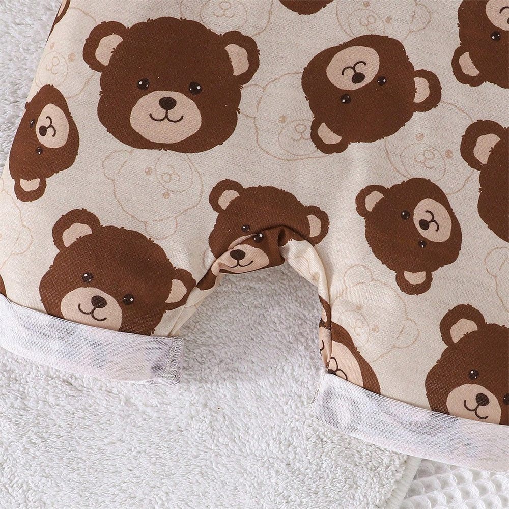 2PCS Cute Cartoon Bear Printed Short Sleeve Baby Overalls Set