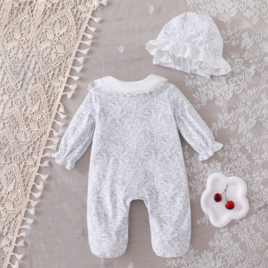 2PCS Charming Baby Girl Floral Print Lace Trim Long Sleeve Jumpsuit