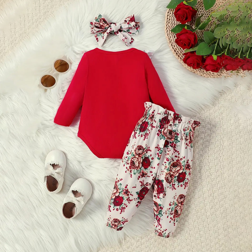 3PCS Little Miss Sassy Letter Floral Printed Long Sleeve Baby Jumpsuit