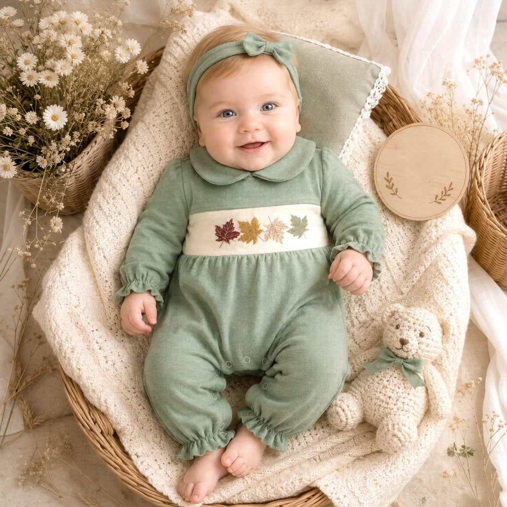 2PCS Cozy Leaf Embroidered Long Sleeve Baby Girl Jumpsuit