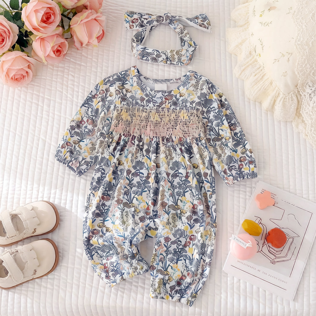 2PCS Cottagecore Floral Print Long Sleeve Baby Jumpsuit