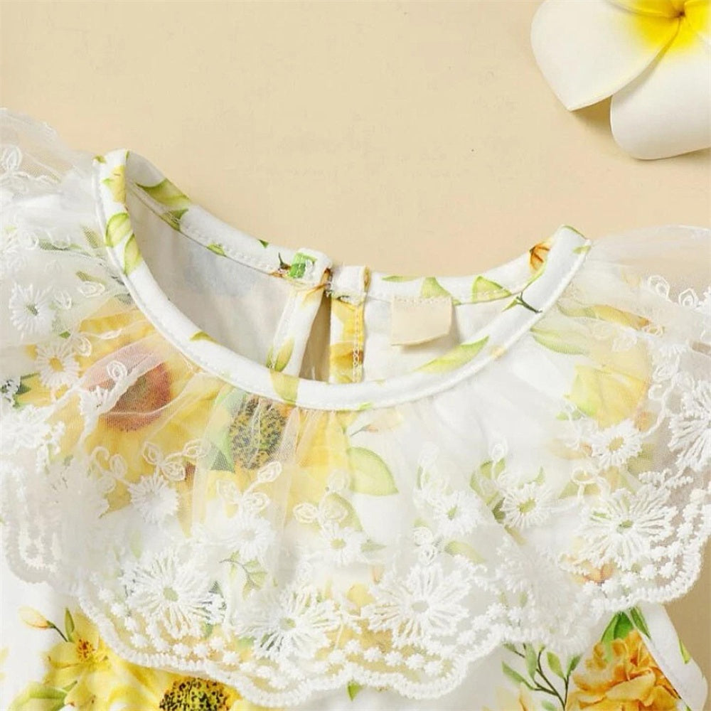 Charming Sunflower Print Flutter Sleeve Baby Jumpsuit