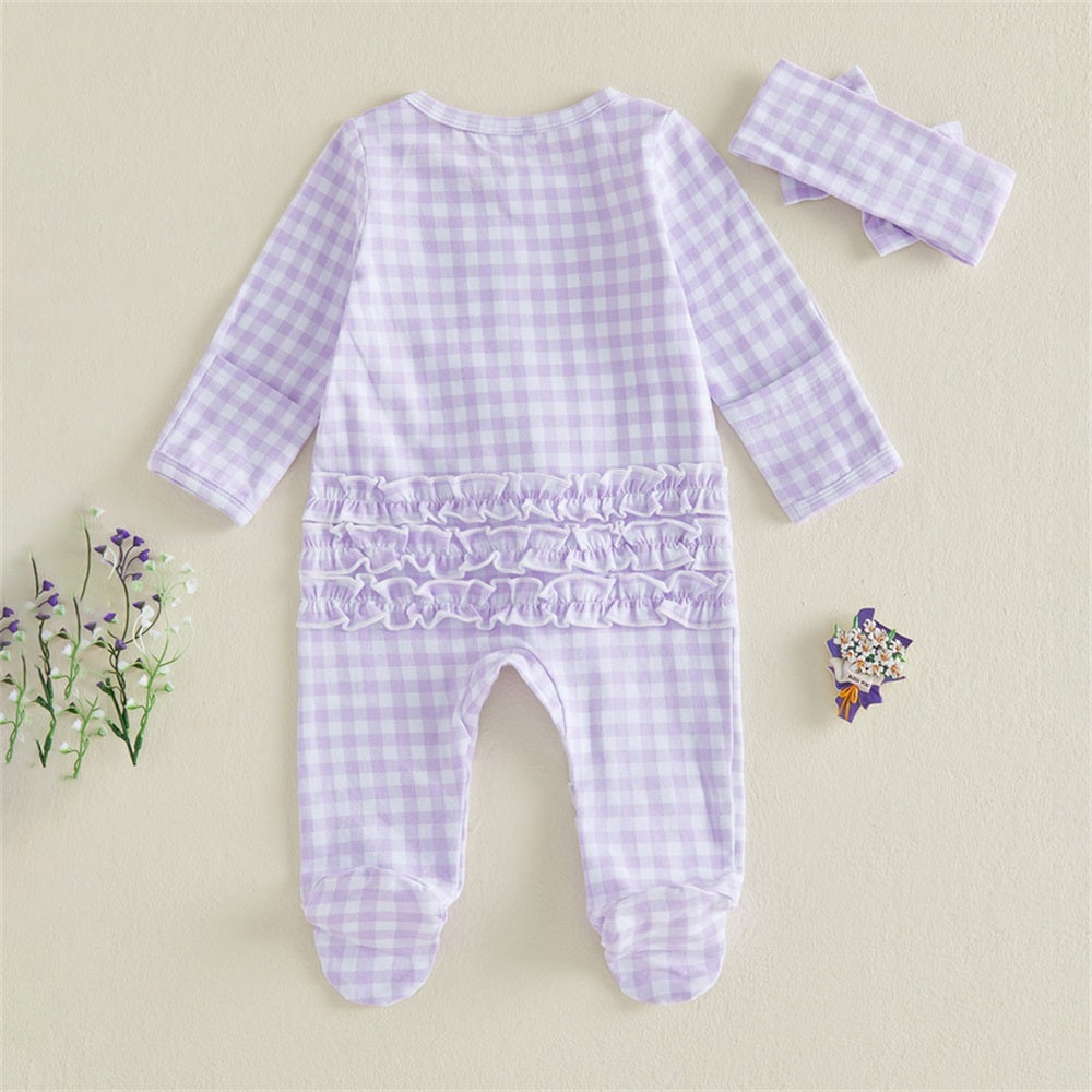 2PCS Casual Plaid Printed Long Sleeve Frill Trim Baby Jumpsuit